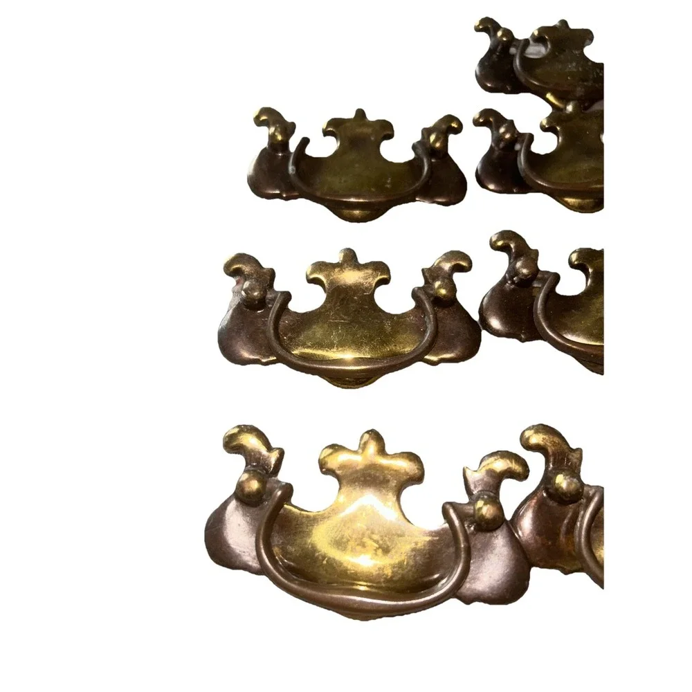 11 Brass Drawer Swing Handle Pulls Chippendale Batwing Antique Hardware W/Screws